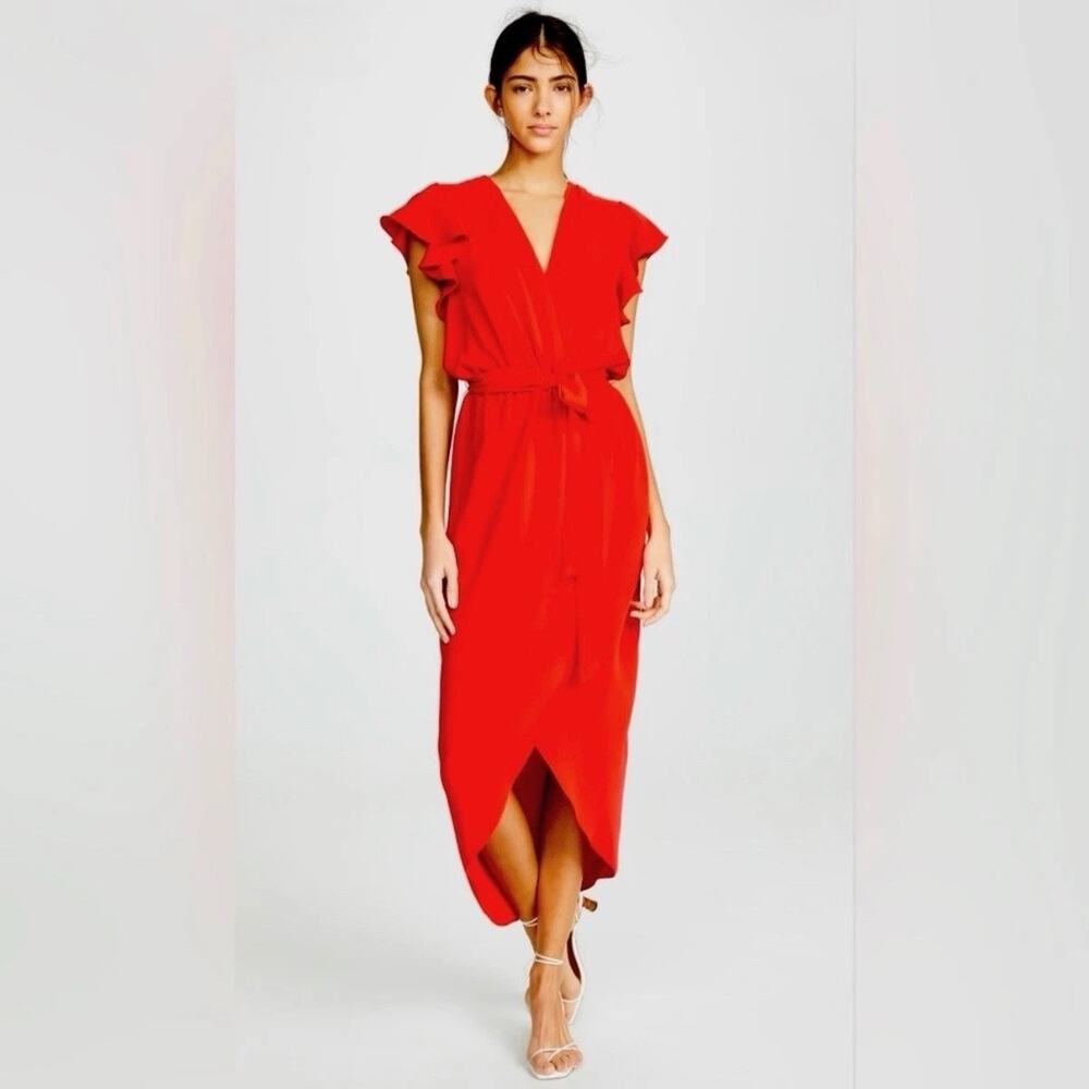 Amanda Uprichard Martinque Red Ruffled Wrap Midi Summer Dress Size Medium USA